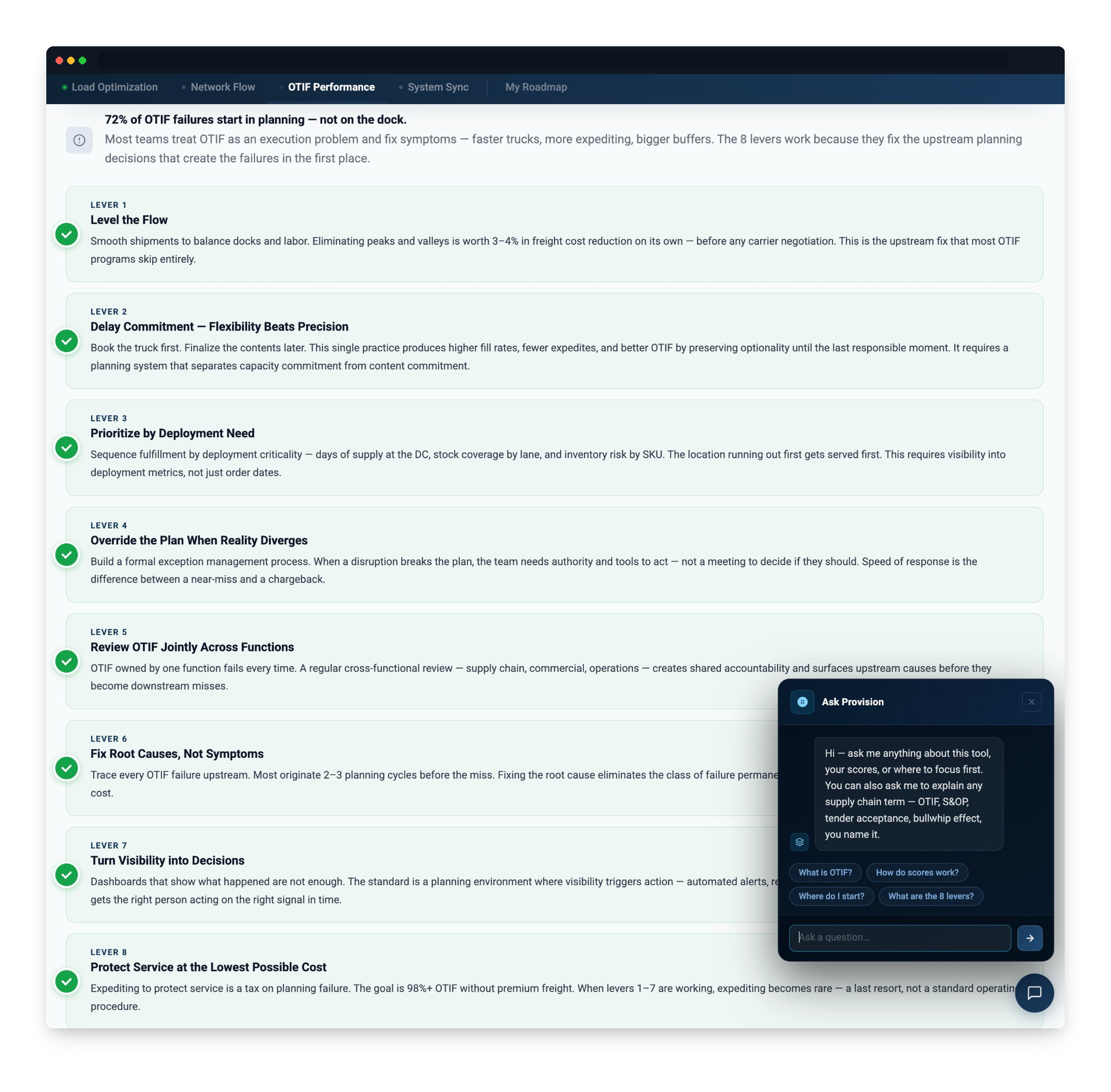 OTIF performance — 8 levers with Ask Provision AI assistant